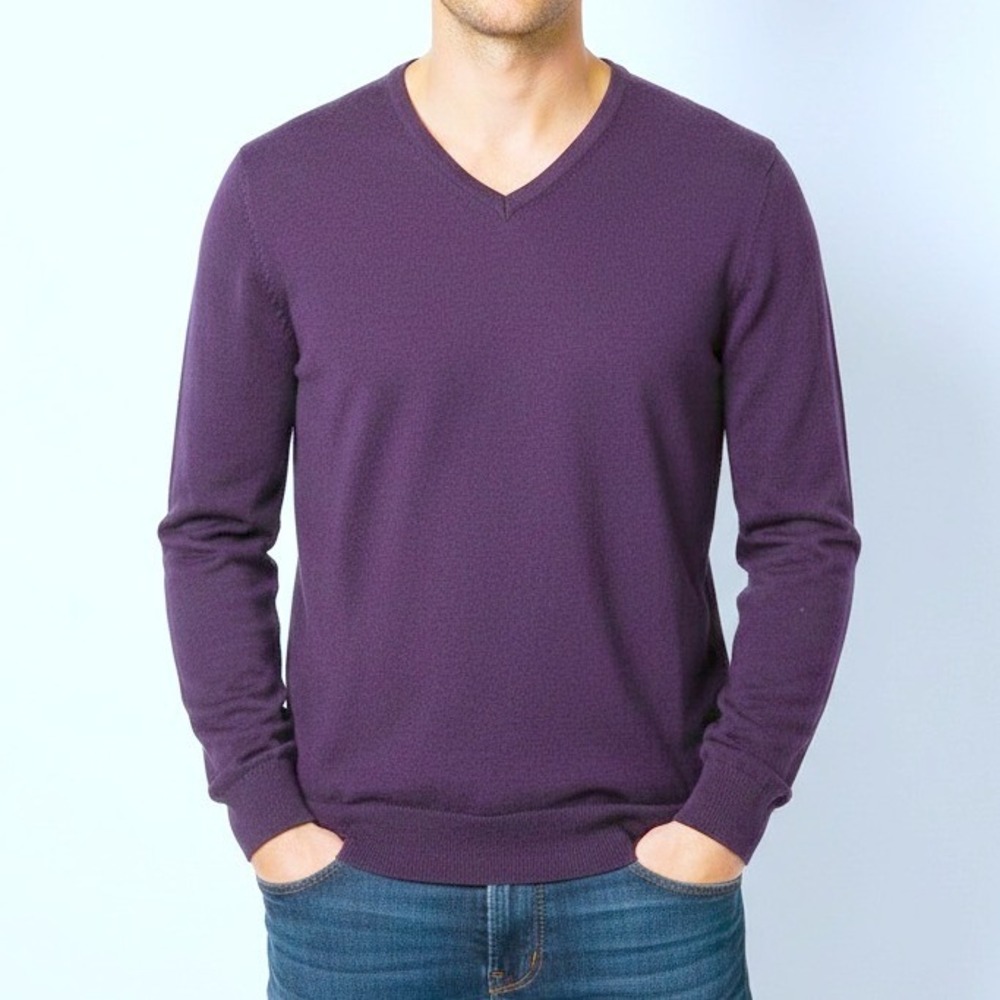 Calvin Klein Extra Fine Merino Wool V Neck Sweater Purple L Old Money Read Holes